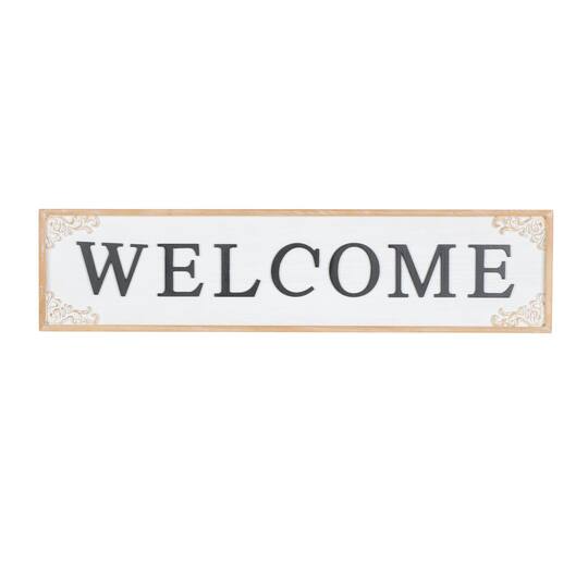 46" x 11" White with Scroll Details Wooden Welcome Sign Wall Décor